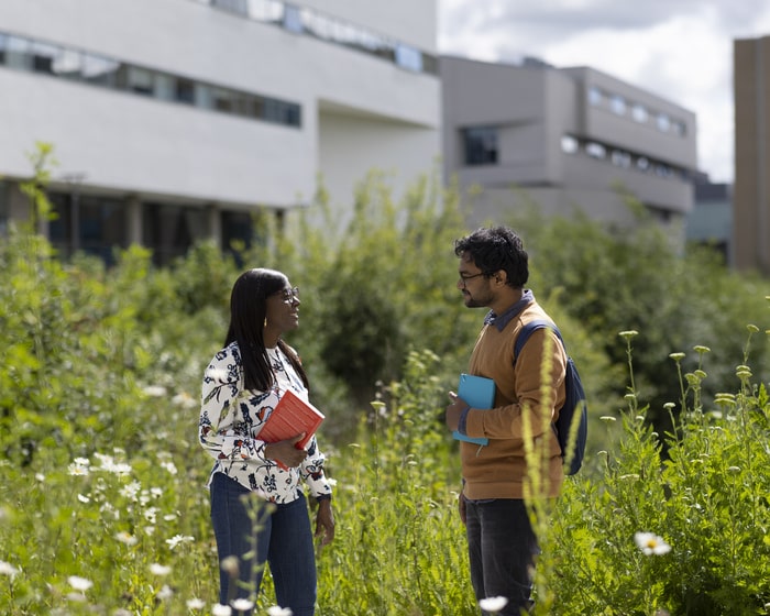 Students standing outdoors on campus among wildflowers.